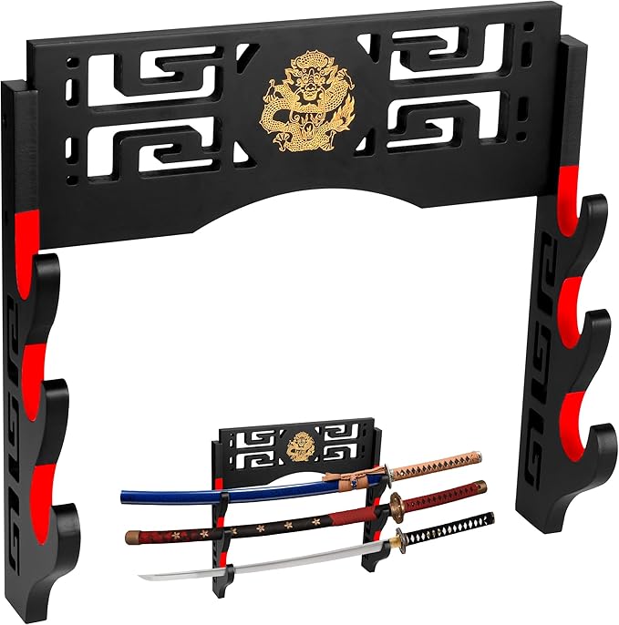 Sword Display Katana Wall Mount, 3-Tier Samurai Sword Katana Holder Stand with Velvet Padded Hook &