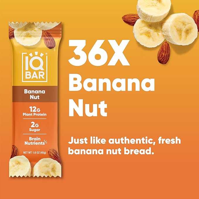 IQBAR Brain and Body Plant Protein Bars - Banana Nut - 36-Count Low Carb - Gluten Free, High Fiber