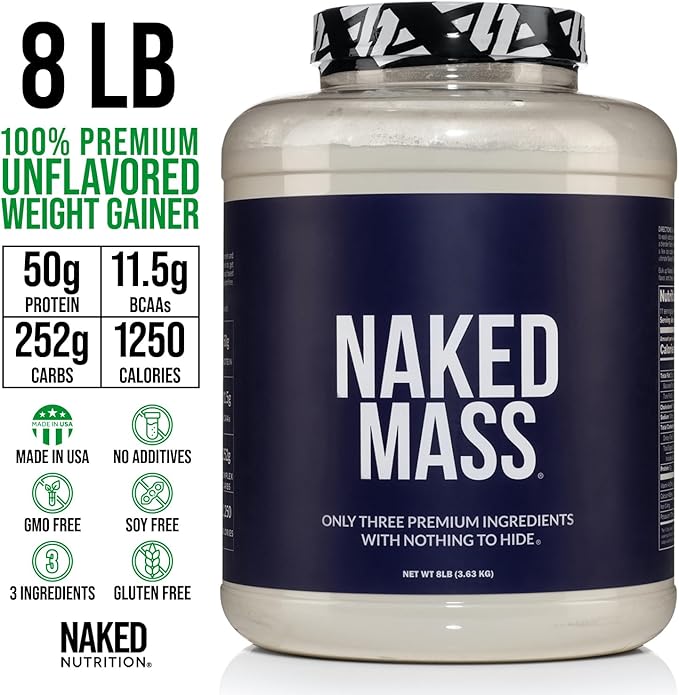 NAKED Mass - Natural Weight Gainer Protein Powder - 8 LB Bulk, GMO Free, Gluten Free & Soy Free. No