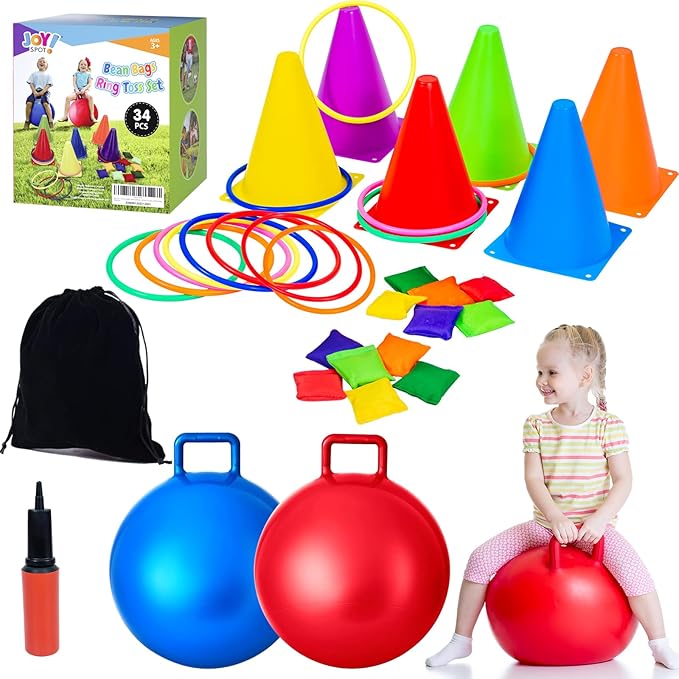 35PCS 4 in 1 Carnival Outdoor Games Combo Set for Kids, Soft Plastic Cones Bean Bags Ring Toss