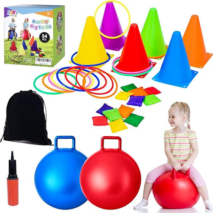 35PCS 4 in 1 Carnival Outdoor Games Combo Set for Kids, Soft Plastic Cones Bean Bags Ring Toss