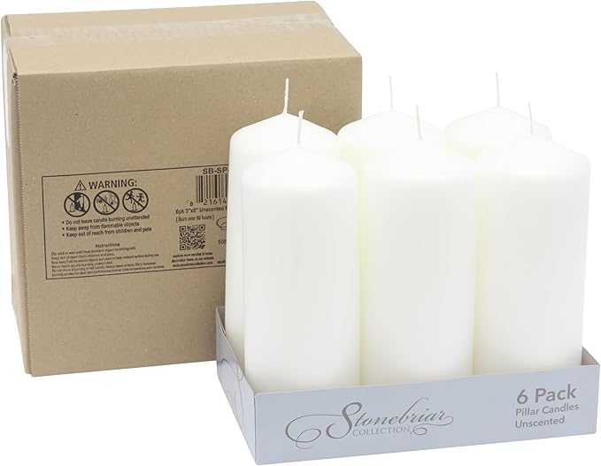 Stonebriar Unscented White Tall Pillar Candles, 80 Hour Burning Candle Pillars, Perfect for Decor