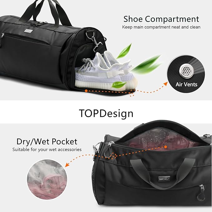 TOPDesign Gym Bag for Women & Men, Unisex Duffel Bag with Shoe Compartment & Wet Pocket for Travel