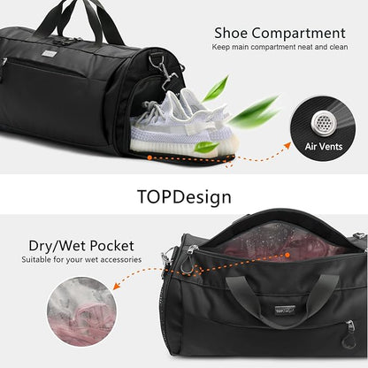 TOPDesign Gym Bag for Women & Men, Unisex Duffel Bag with Shoe Compartment & Wet Pocket for Travel
