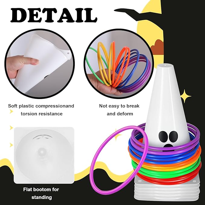 24 PcsHalloween Ring Toss Game Outdoor Carnival Party Games Include 6 Plastic Cones 18 Toss Rings