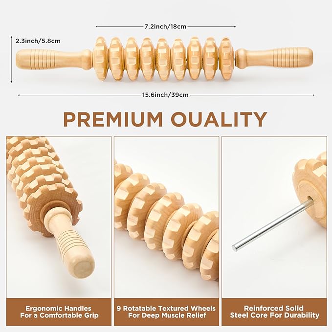 Wooden Cellulite Massage Roller for Legs and Thighs - Handheld Fascia Blaster Tool for Muscle