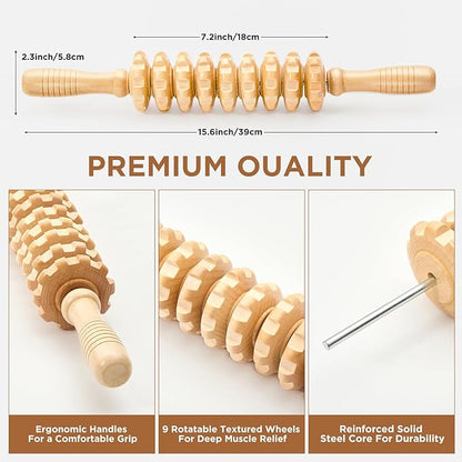 Wooden Cellulite Massage Roller for Legs and Thighs - Handheld Fascia Blaster Tool for Muscle