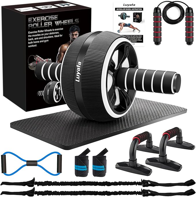 Ab Roller Wheel, 10-In-1 Ab Exercise Wheels Kit with Resistance Bands, Knee Mat, Jump Rope, Push-Up