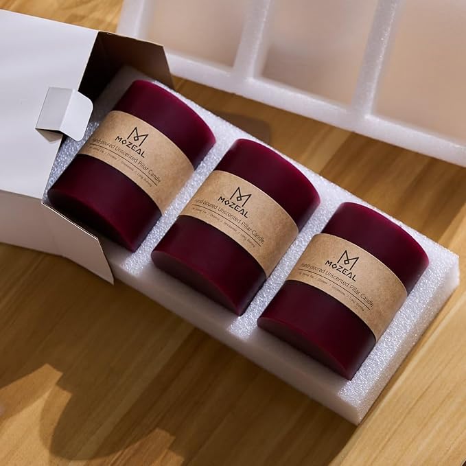 MOZEAL 3" x 4" Hand-Poured Unscented Burgundy Candle, Dripless Maroon/Dark Red Pillar Candle Set of