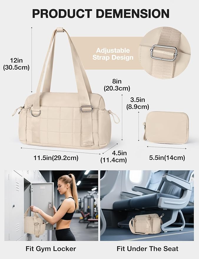 VUUDH Puffy Mini Gym Bag for Women, Carry On Multi-Pocket Water-Resistant Duffel, Lightweight