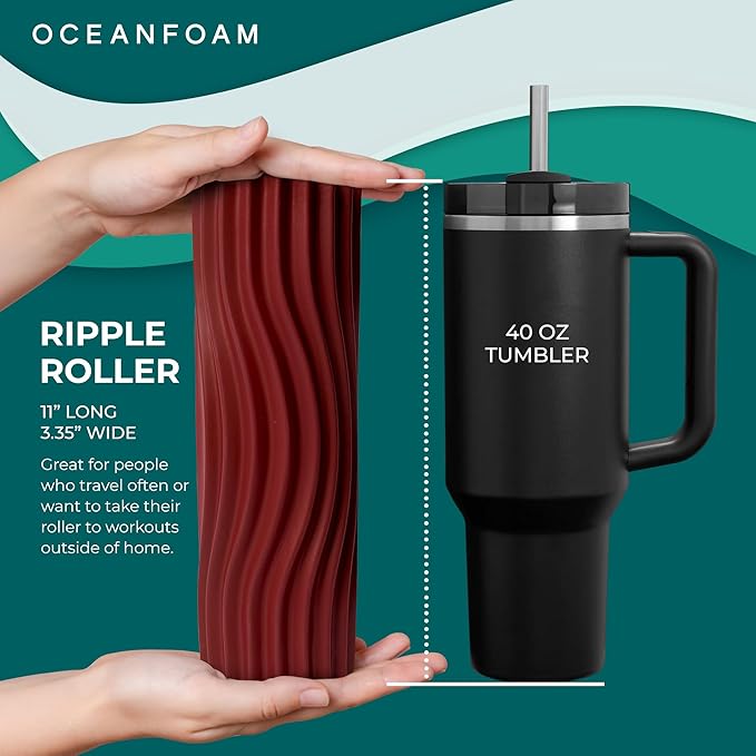 Oceanfoam Ripple Travel Foam Roller (11" x 3.35") Firm Mini Foam Roller for Physical Therapy, Deep