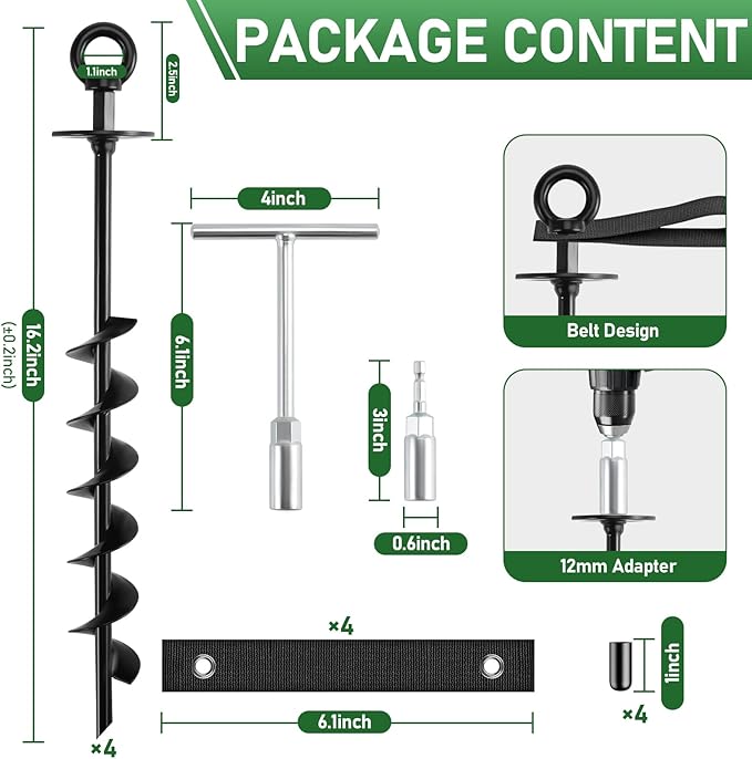 Ground Anchors Screw in - Heavy Duty Trampoline Anchors/Stakes for High Wind, 4 Pack Earth Anchor