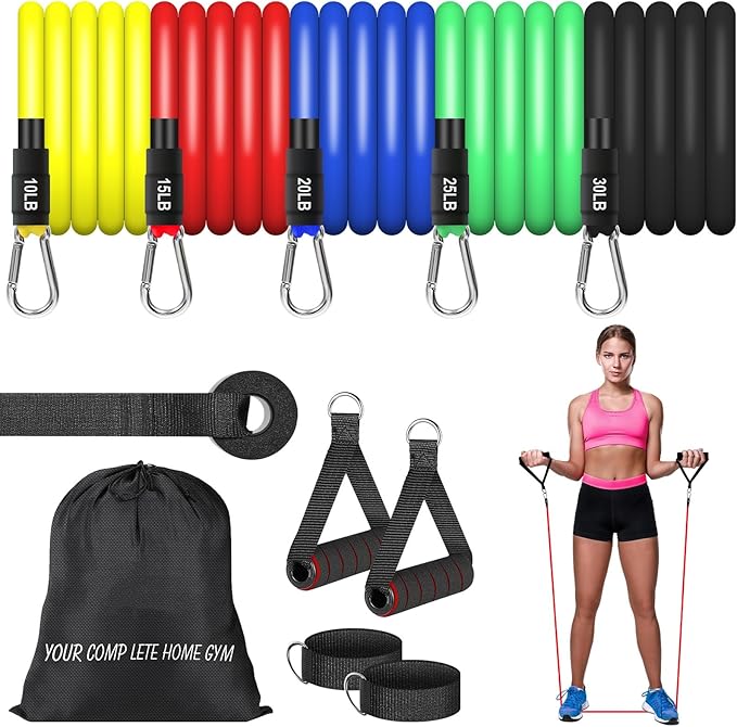 Resistance Bands Set, Workout Bands with Handles, Door Anchor, Ankle Straps and Carry Bag, Exercise