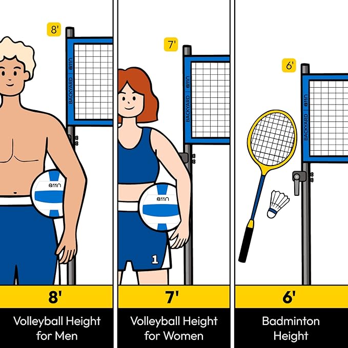 A11N Outdoor Volleyball and Badminton Combo Set - Includes Adjustable Height Anti-Sag Net
