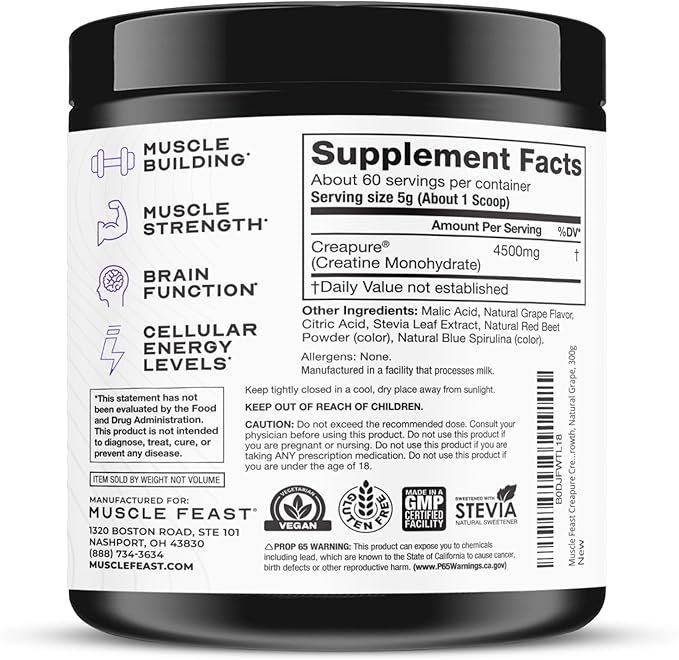 Muscle Feast Creapure Creatine Monohydrate Powder, Vegan Keto Friendly Gluten-Free Easy to Mix