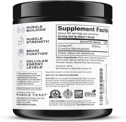 Muscle Feast Creapure Creatine Monohydrate Powder, Vegan Keto Friendly Gluten-Free Easy to Mix