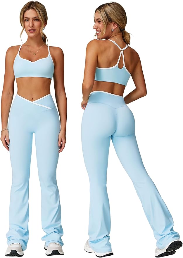 ABOCIW Workout Sets for Women 2 Piece Color Block Strappy Sports Bra High Waist Leggings Gym Yoga