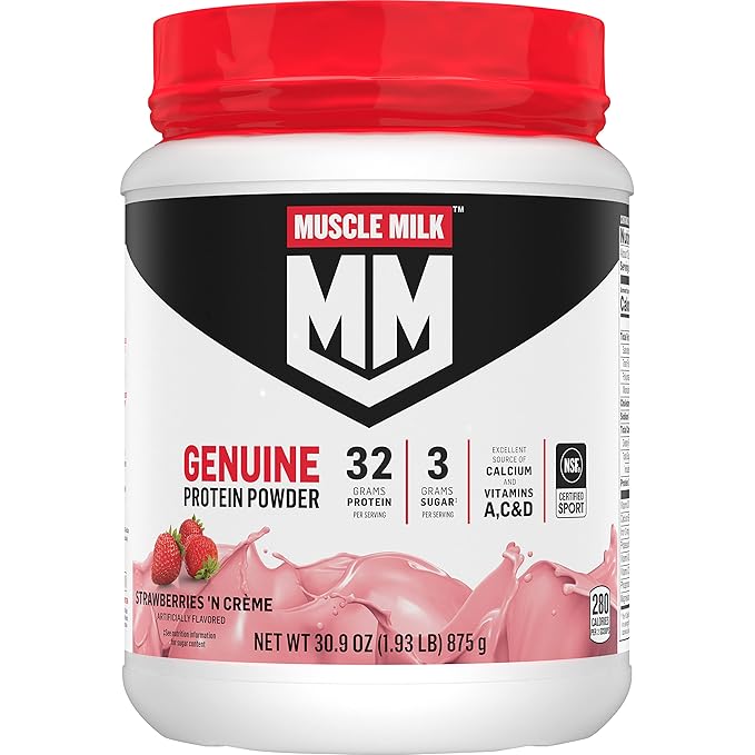 Muscle Milk Genuine Protein Powder, Strawberries ?˜N Crème, 1.93 Pounds, 13 Servings, 32g Protein
