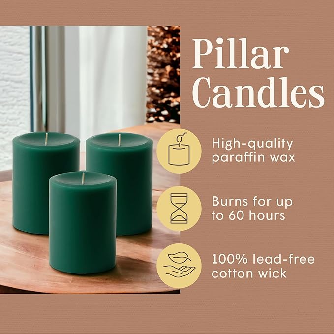 Mister Candle Dripless Unscented Pillar Candles, Set of 3 Hand Poured Solid Color Non-Scented
