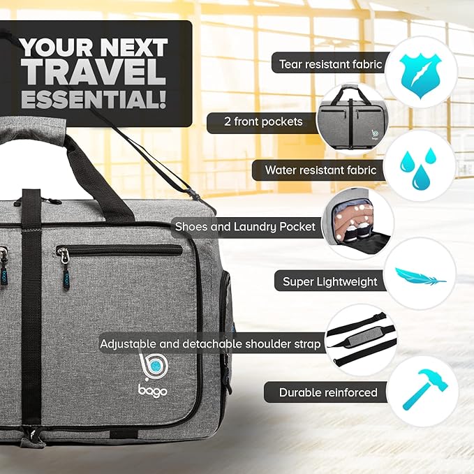 Bago Large Foldable Duffel Bags for Traveling Women & Men - 80L Packable Duffle Bag for Travel with