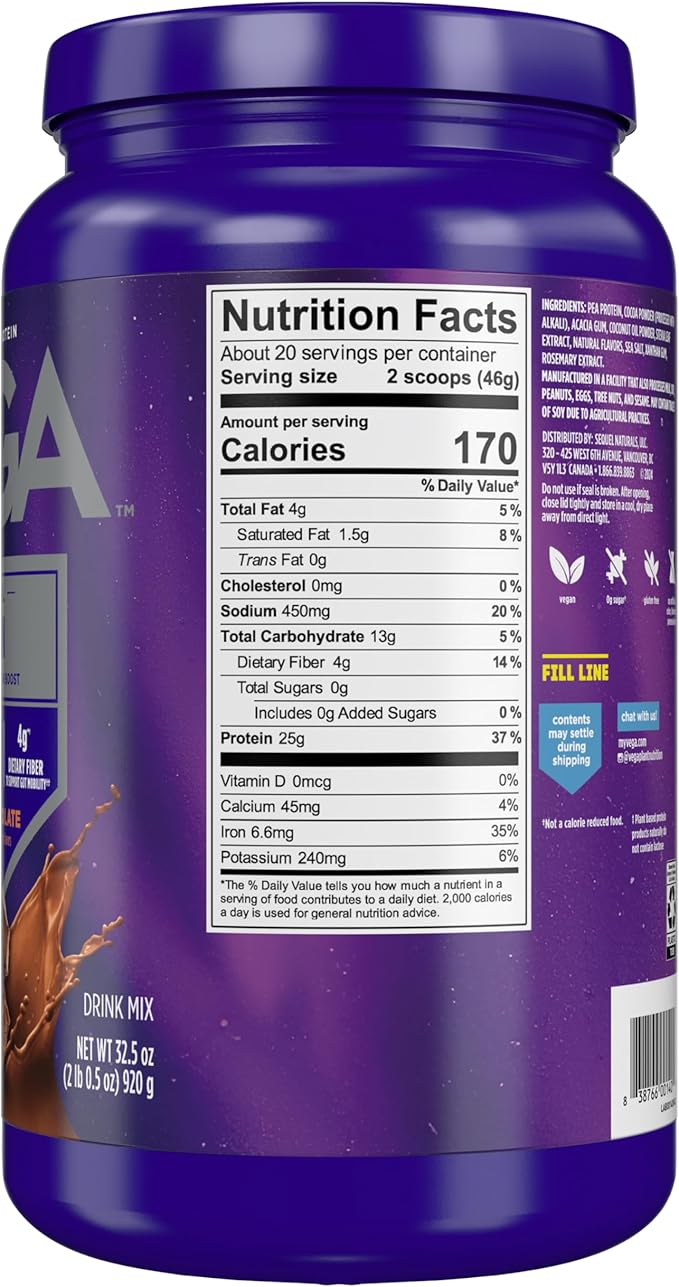 Vega Original Essential Protein - 25g Plant-Based Protein, Creamy Chocolate, 20 Servings, Vegan