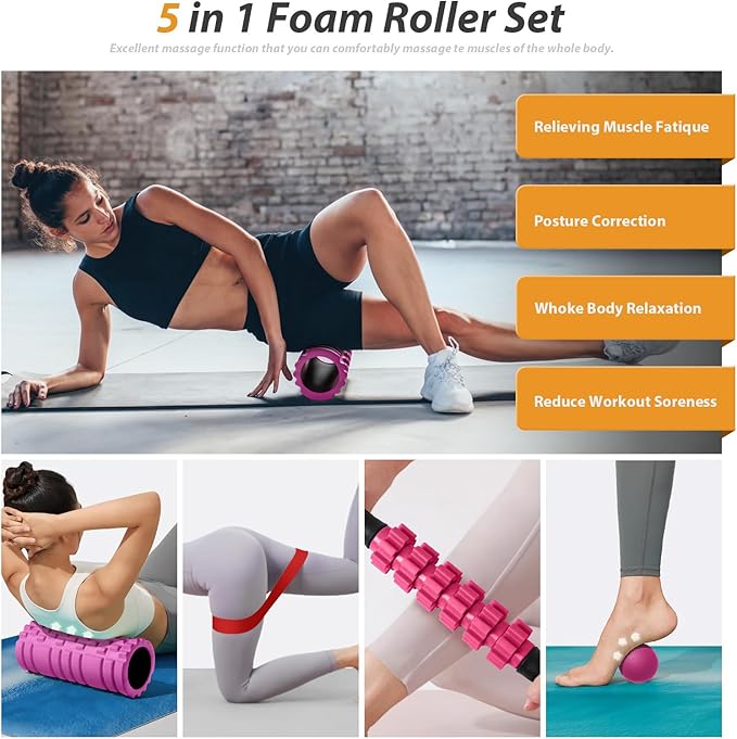 5 in 1 Foam Roller Set for Deep Tissue Muscle Massage, High Density Fitness Exercise Foam Roller