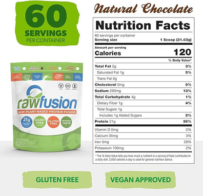 Rawfusion 4lbs- Raw Plant Based Protein Powder, Natural Chocolate - 21g of Protein, Vegan, Low Net
