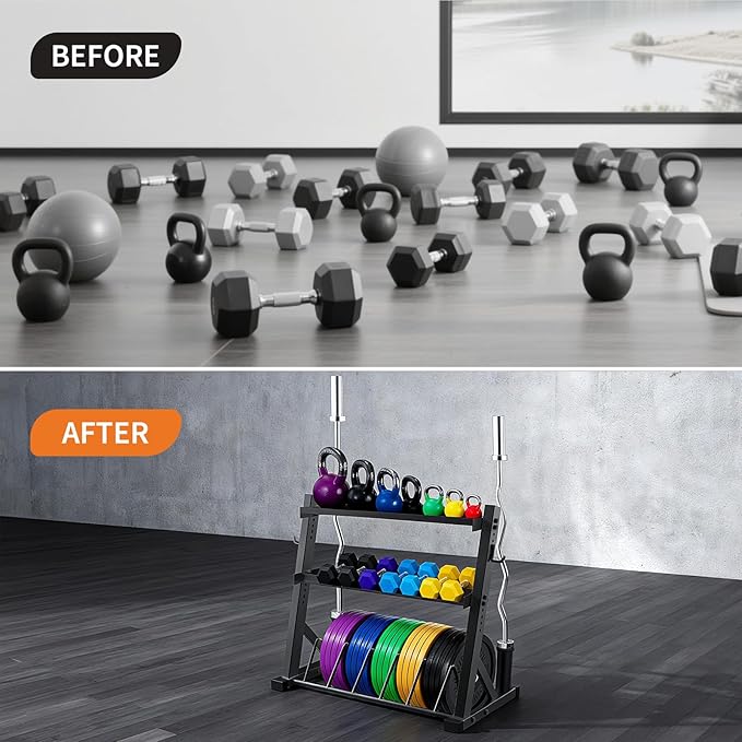 3 Tier Barbell Storage Racks,1000 LBS Capacity Adjustable Weight Rack for Dumbbell, Kettlebell