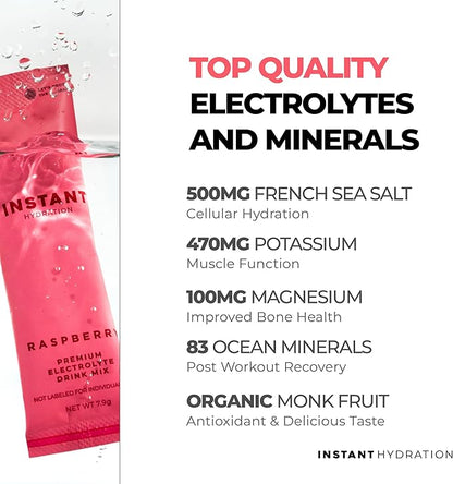Instant Hydration Electrolytes Powder Packets - Raspberry Electrolyte Drink Mix - Zero Sugar