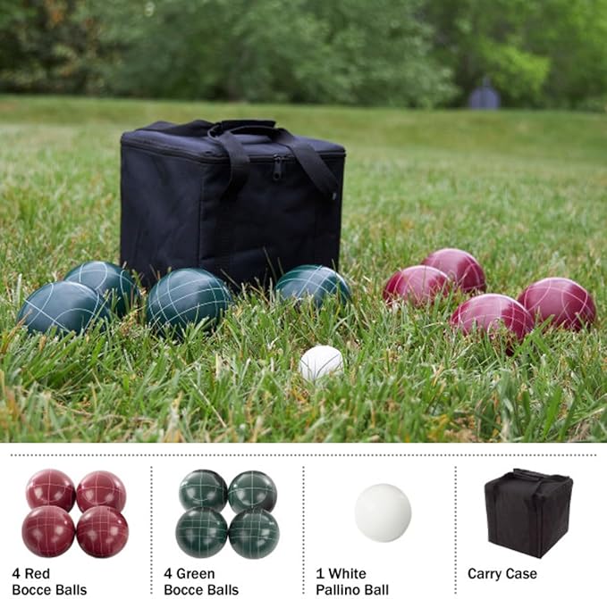 Bocce Ball Set Regulation Size - Lawn Game for Backyard or Beach - Includes Red and Green Bocce