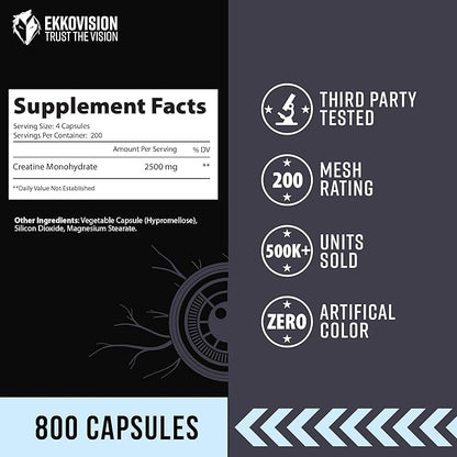 Ekkovision Creatine Monohydrate Capsules, Micronized, Unflavored Creatine Supplement for Men &