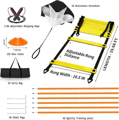 Speed & Agility Training Equipment-20ft Agility Ladder, 6 Poles, 12 Soccer Cones, Resistance