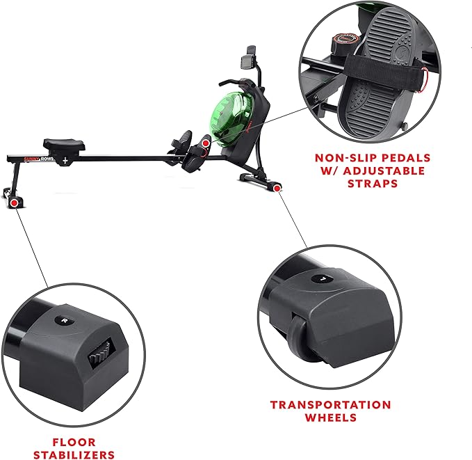 Sunny Health & Fitness Elite Water Rowing Machine with High Dynamic Resistance Vertical Tank