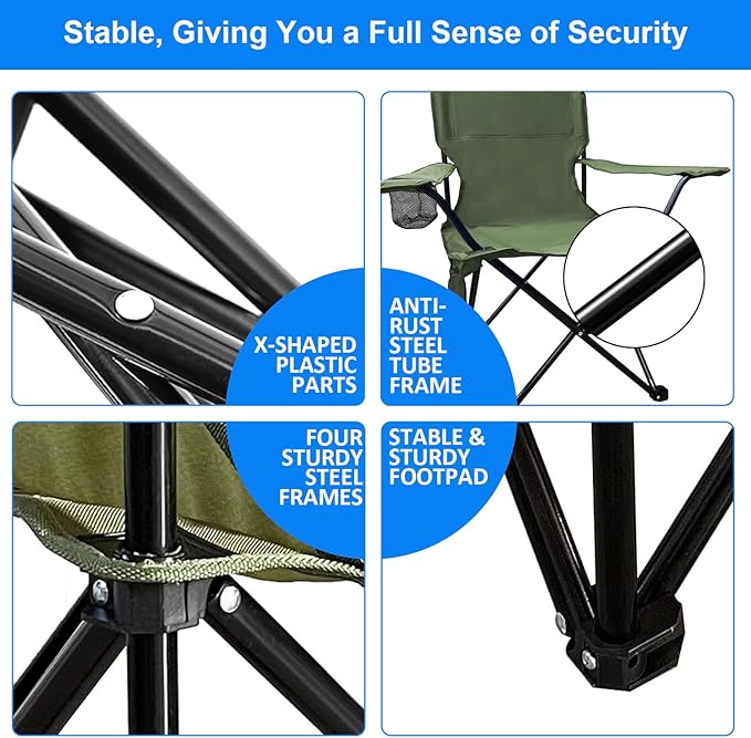 Folding Camping Chair, 225lb Capacity, Includes Cup Holder & Side Storage Bag, 5.5lbs Portable for