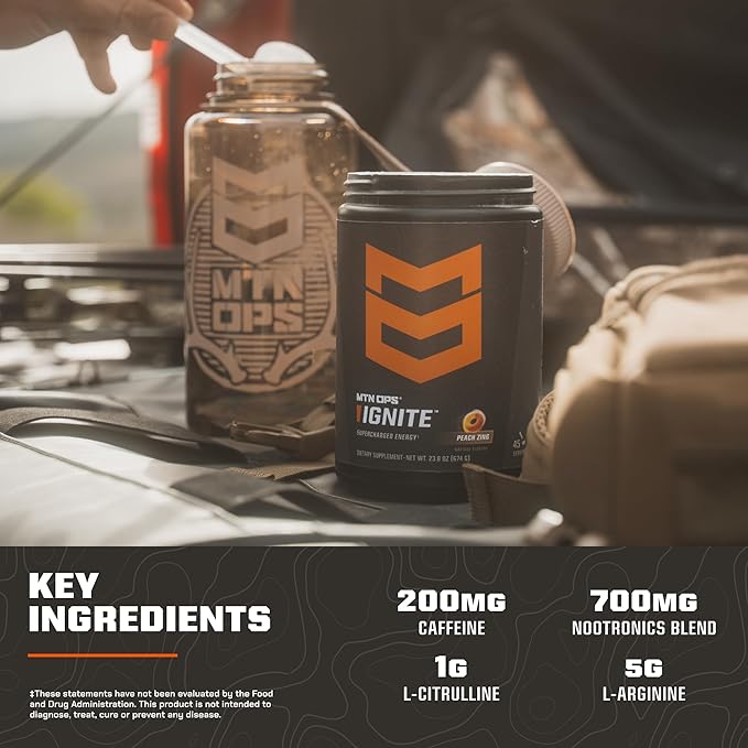 MTN OPS Ignite Energy Drink Powder, Gluten Free Nootropic Supplement Drink Mix, L Arginine, L