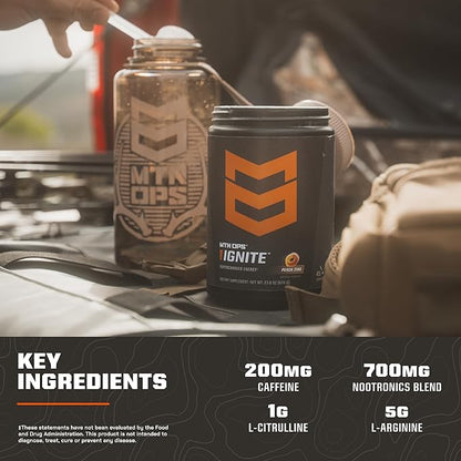 MTN OPS Ignite Energy Drink Powder, Gluten Free Nootropic Supplement Drink Mix, L Arginine, L