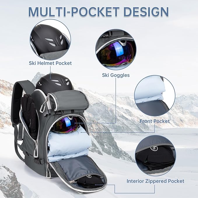 Ski Boot Bag, 50L Ski Boot Travel Backpack for Skis, Snowboard & Accessories, Waterproof Padded Ski