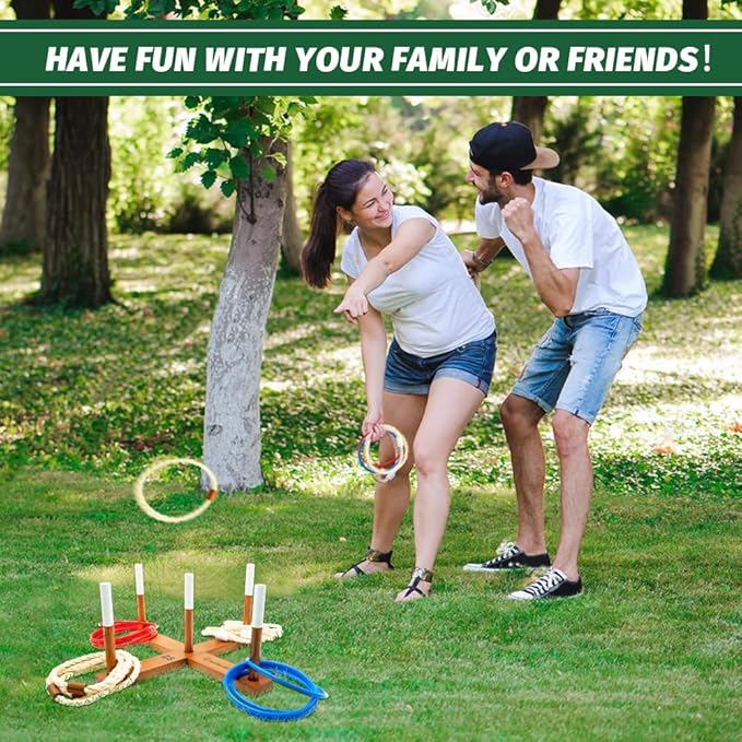 Wooden Ring Toss Game Set, Backyard Beach Camping Game with Toss Rings & Portable Carrying Bag