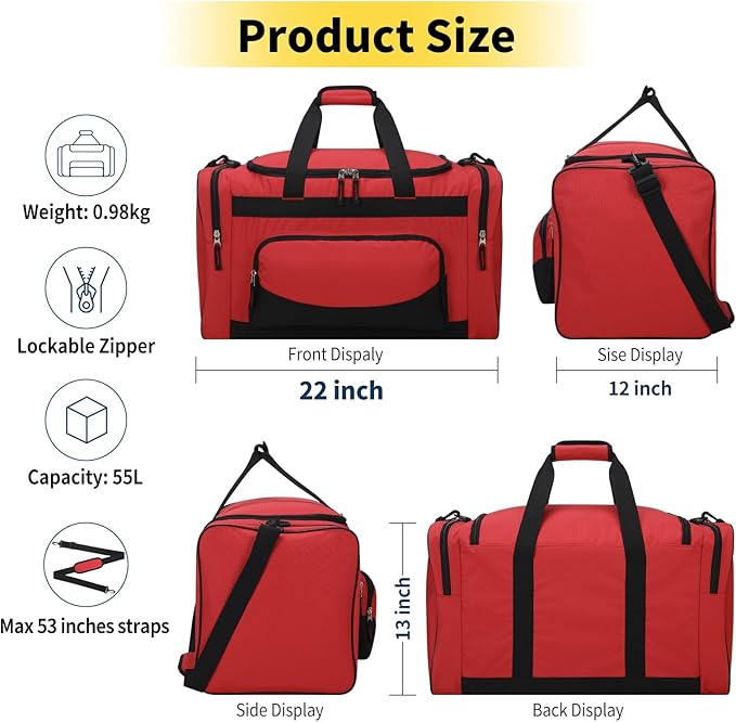 22 inch Gym Bag for Men - 55L Large Travel Duffle Bag Sports Equipment Bag with Multiple Zippered