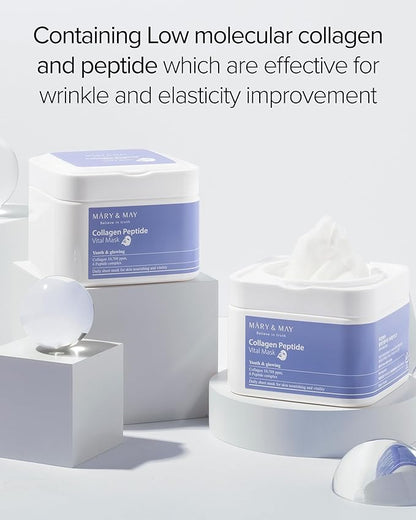 Mary&May Collagen Peptide Vital Mask | 30 Sheets | Daily Korean Face Mask | Firming & Wrinkle Care