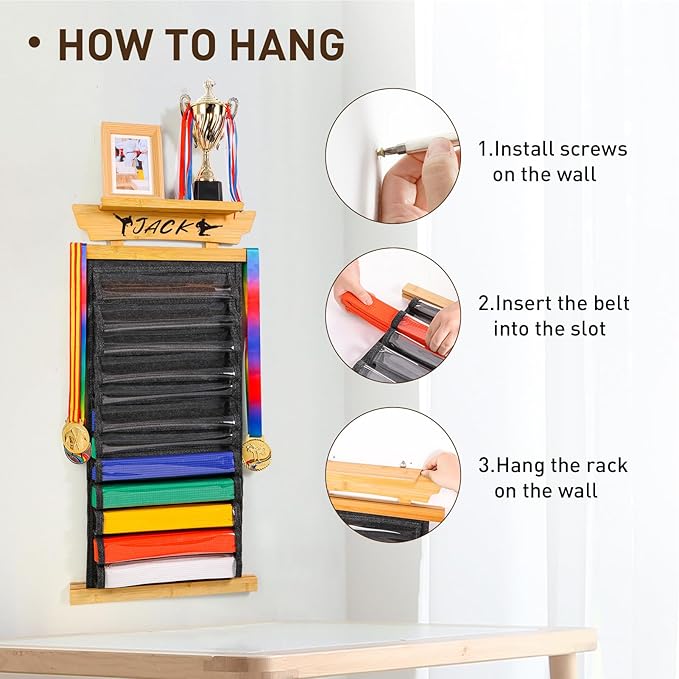 Tilhumt 12/10 Belts Karate Belt Display Rack with Stickers, Taekwondo Belt Display with