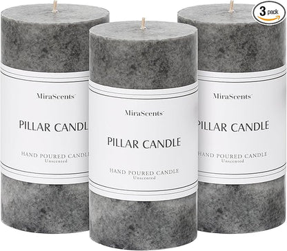 3x6 inch Grey Pillar Candles Set of 3, Unscented Pillar Candle, Dripless and Smokeless Large