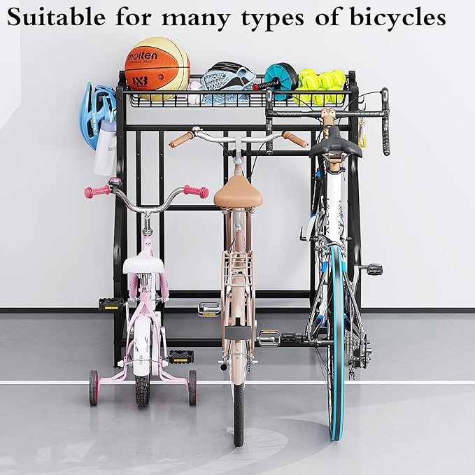 Bike Rack Storage Stand Organizer Floor Holds 3 Bicycle Parking Freestanding Adjustable Garage