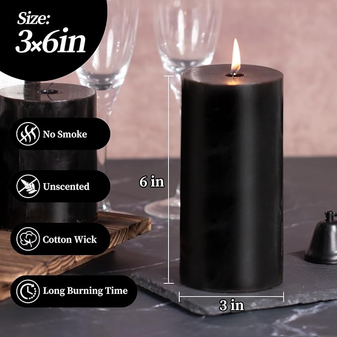 KONNI Black Pillar Candles Set of 3, 3"x 6" Unscented Pillar Candles Bulk, 56 Hours Long Burning