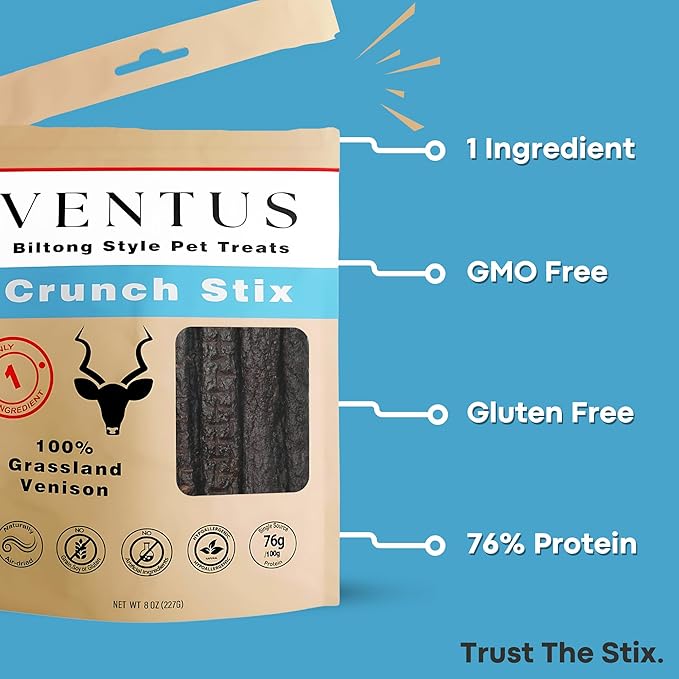 VENTUS Jerky Crunch Stix - Single Ingredient High Protein Dog Training Treats, Wild Venison