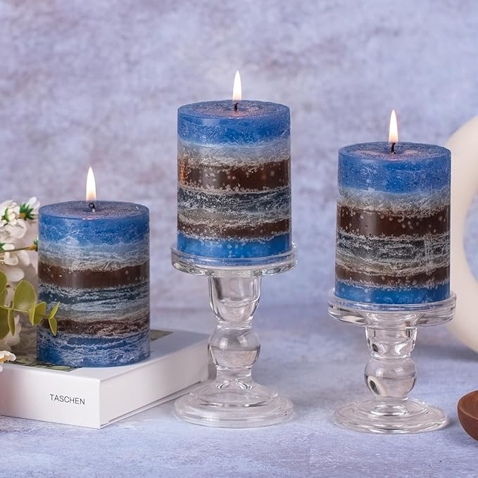 KONNI Blue-Coffee Layered Pillar Candles Set of 3, 3"x 4" Unscented Pillar Candles Bulk, 39 Hours
