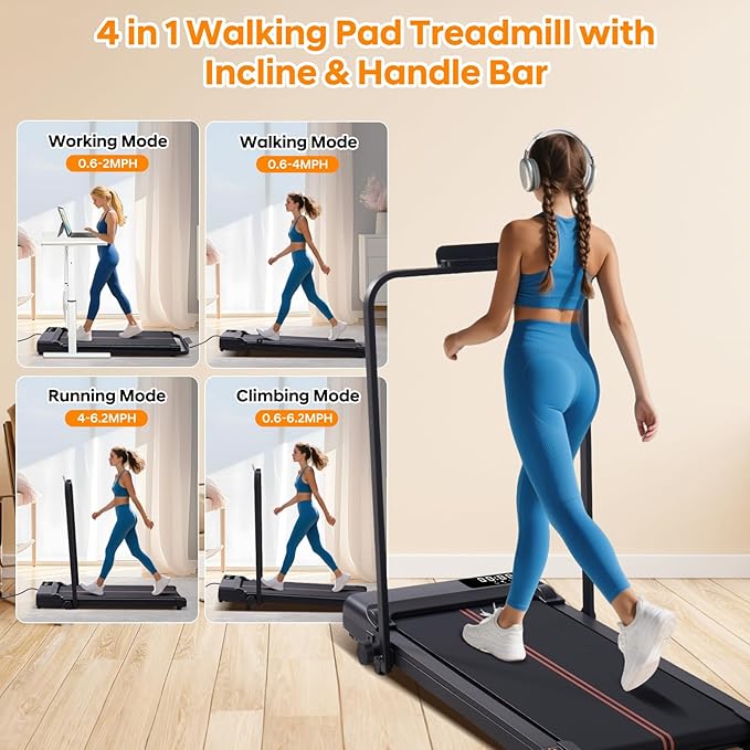 Walking Pad with Handle Bar and Incline, 3.0HP Portable Small Treadmills with Handles for Home