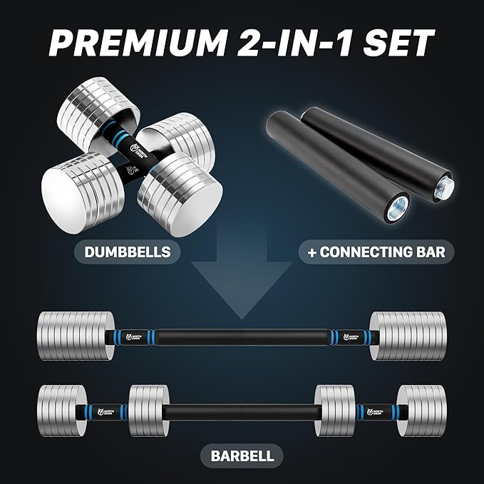 Northdeer V2.0 Upgraded Adjustable Steel Dumbbells 40LB / 60LB - 2 in 1 Dumbbell Barbell Set for