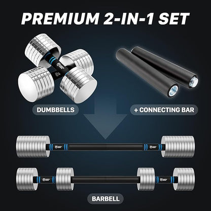 Northdeer V2.0 Upgraded Adjustable Steel Dumbbells 40LB / 60LB - 2 in 1 Dumbbell Barbell Set for