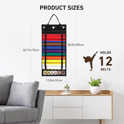 12 Belts Karate Belt Display Rack with PVC Medal Storage, Felt Taekwondo Belt Display Holder, Felt
